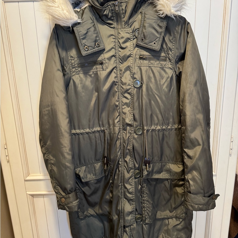 H&M Olive Hooded Parka with Faux Fur Trim